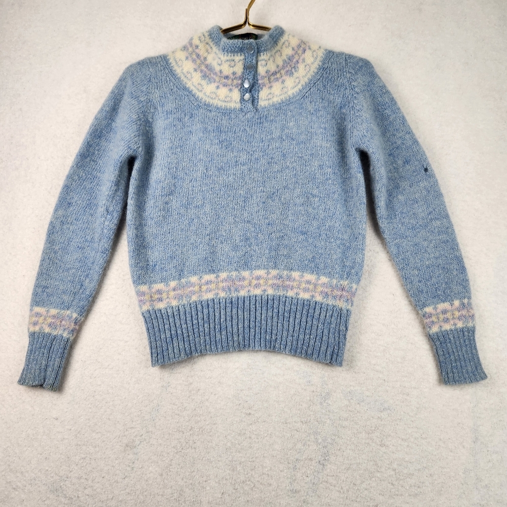 VTG 80s Hunting Horn Womens Sz Small Blue Shetland Wool Cottagecore Knit Sweater